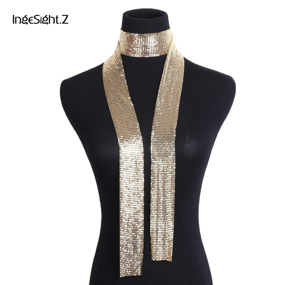 IngeSight.Z Vintage Aluminium Net Choker Necklace Collar Statement Colorful Sequins Long Chain Necklace Scarf for Women Jewelry