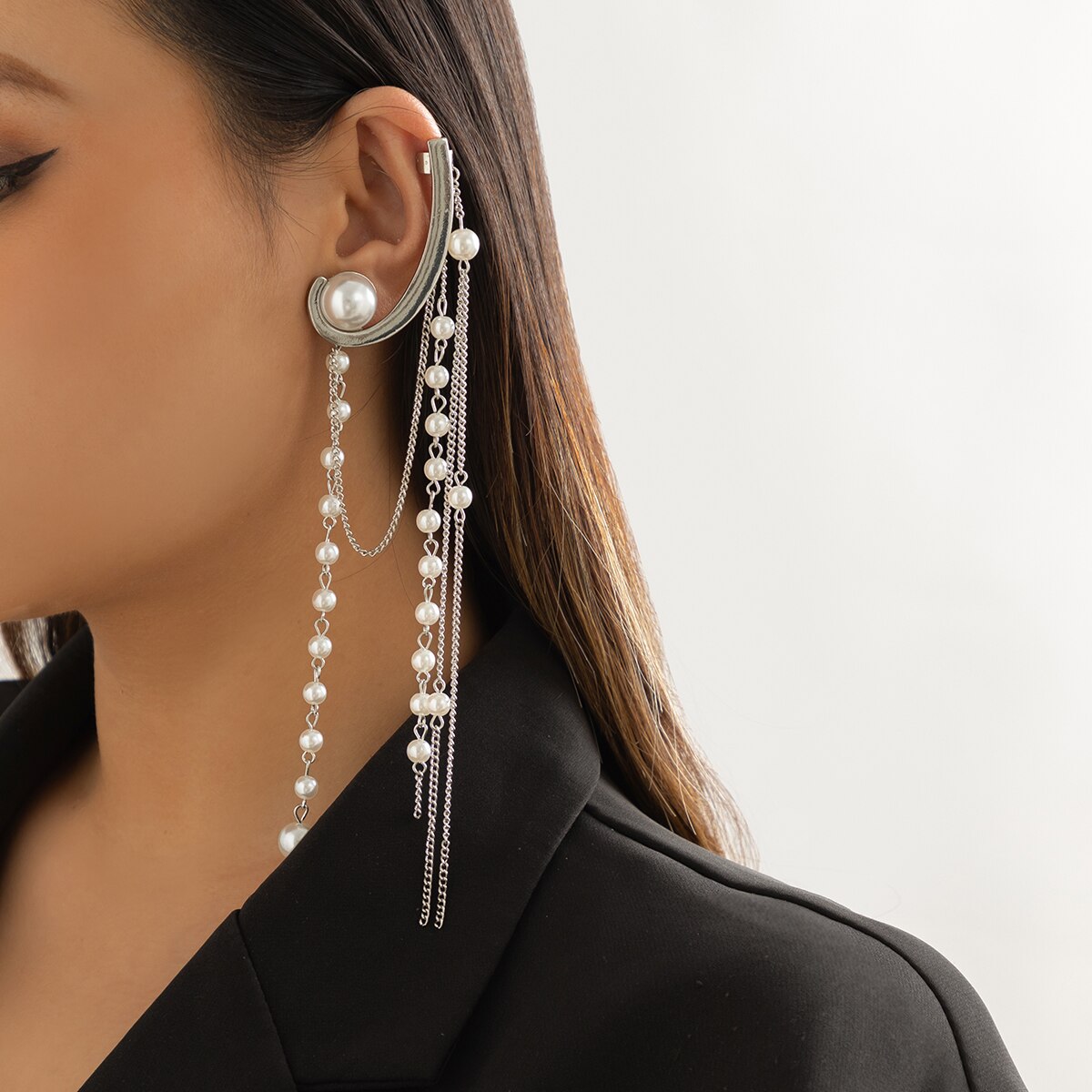 IngeSight.Z Vintage Arc Long Thread Tassel Imitation Pearls Chain Drop Earrings for Women Punk Metal Chain Hanging Earrings