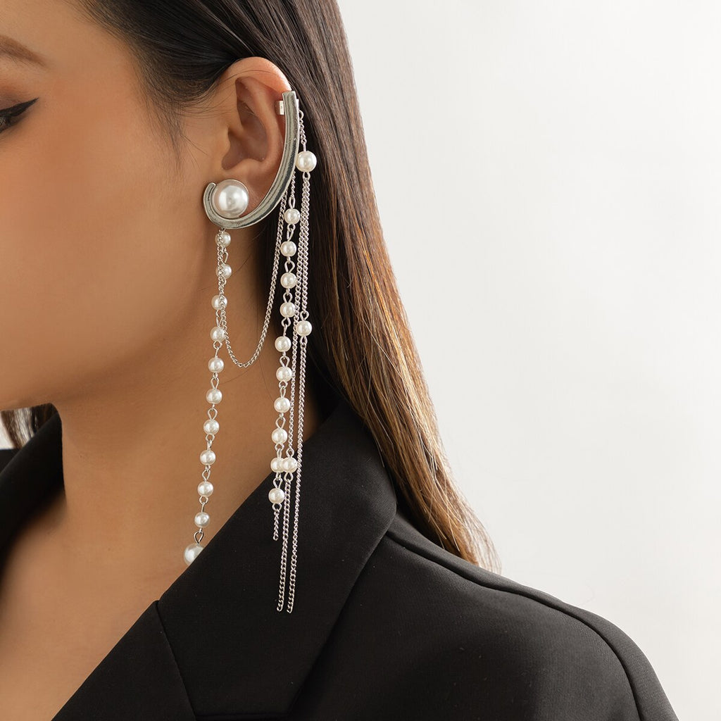 IngeSight.Z Vintage Arc Long Thread Tassel Imitation Pearls Chain Drop Earrings for Women Punk Metal Chain Hanging Earrings