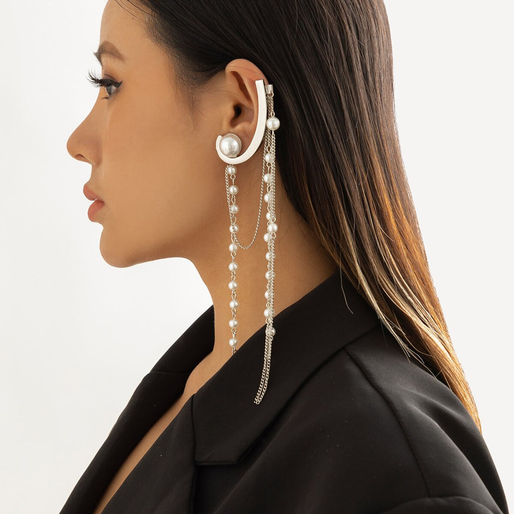 IngeSight.Z Vintage Arc Long Thread Tassel Imitation Pearls Chain Drop Earrings for Women Punk Metal Chain Hanging Earrings
