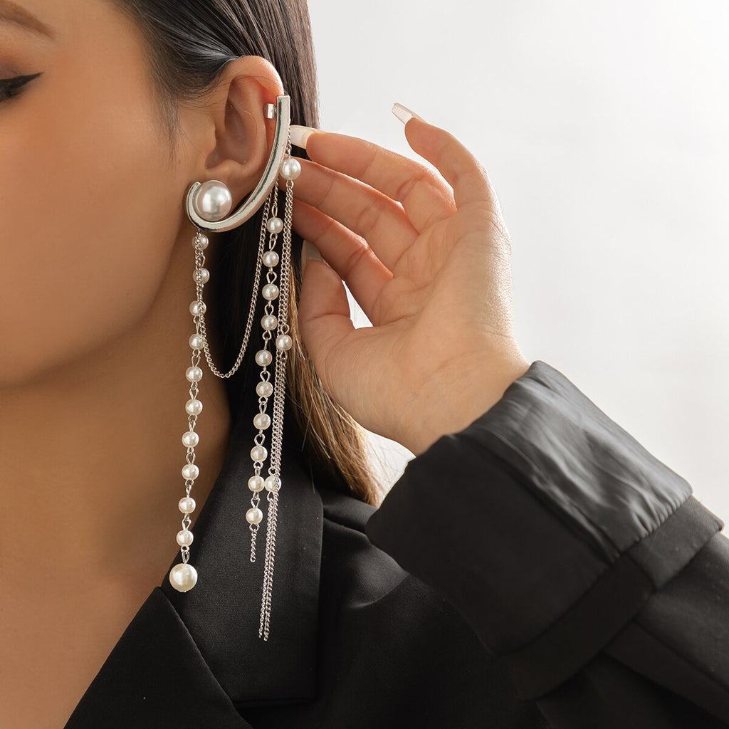 IngeSight.Z Vintage Arc Long Thread Tassel Imitation Pearls Chain Drop Earrings for Women Punk Metal Chain Hanging Earrings