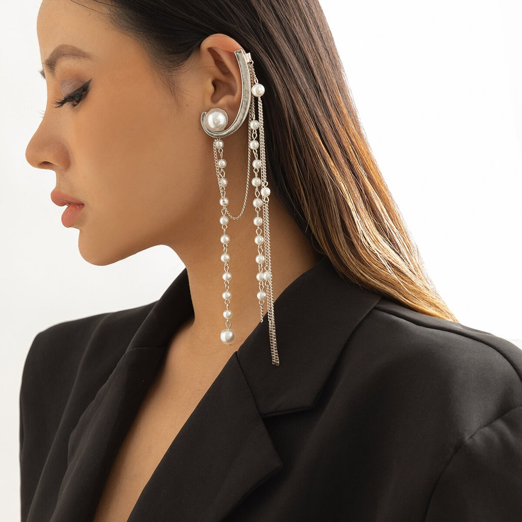 IngeSight.Z Vintage Arc Long Thread Tassel Imitation Pearls Chain Drop Earrings for Women Punk Metal Chain Hanging Earrings