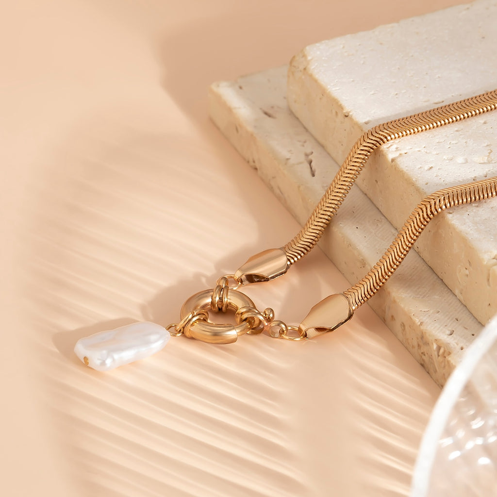 IngeSight.Z Vintage Baroque Irregular Square Pearl Pendant Necklace for Women Korean Wave Flate Snake Chain Necklace