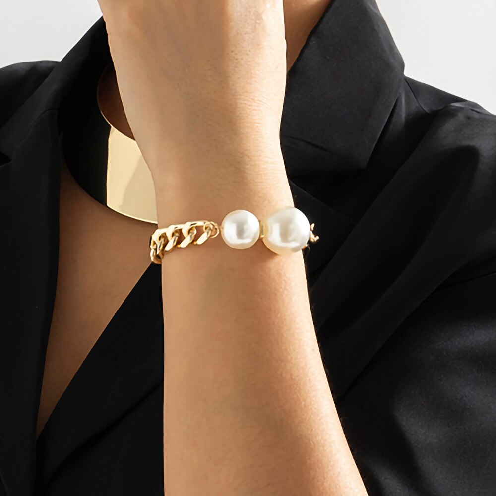 IngeSight.Z  Vintage Big Round Imitation Pearls Bracelet For Women Punk Chunky Thick Gold Color Curb Chain Bracelet Jewelry