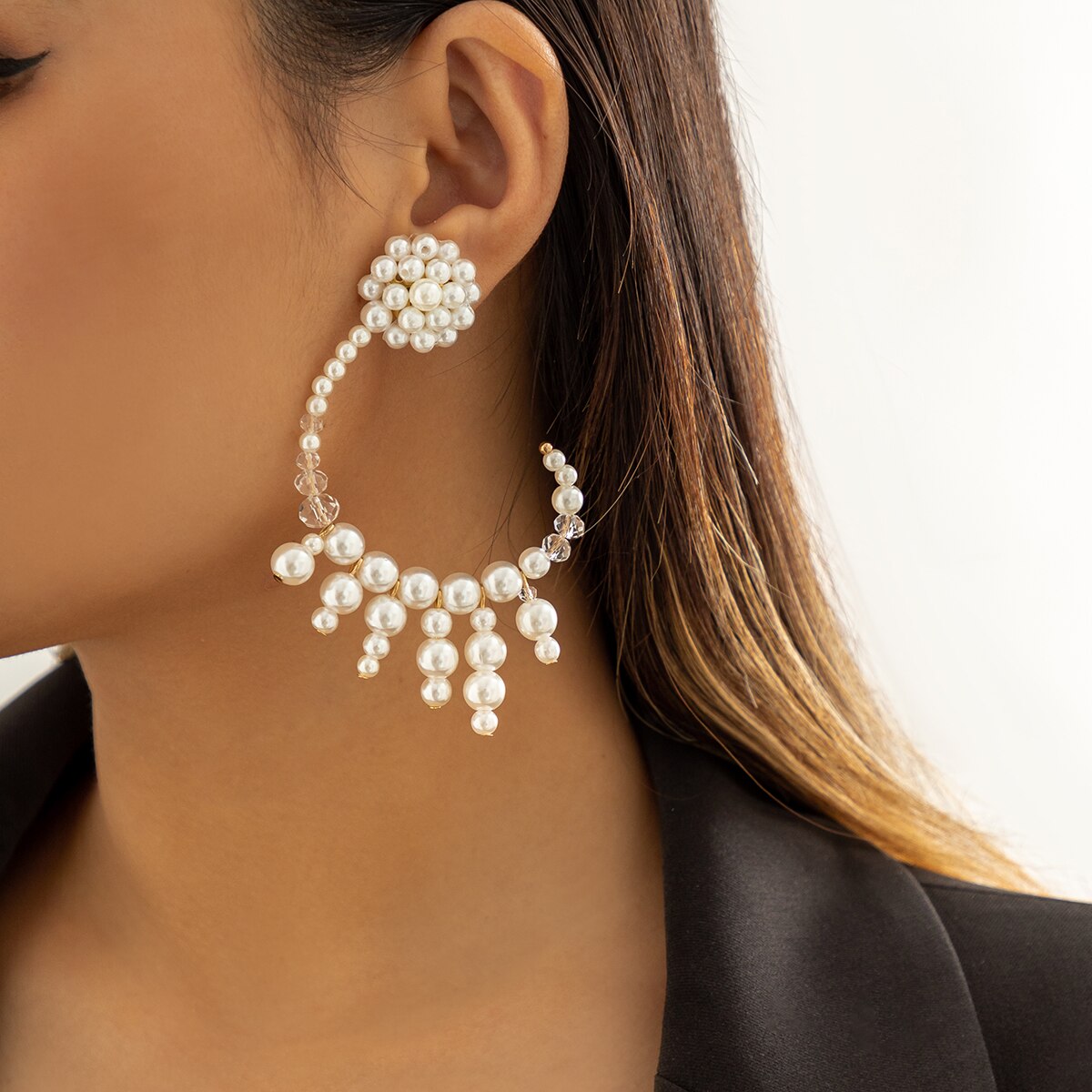 IngeSight.Z Vintage Exaggerate Imitation Pearl Big C-shaped Clip Earrings For Women Transparent Crystal Ear Cuff Hanging Earring