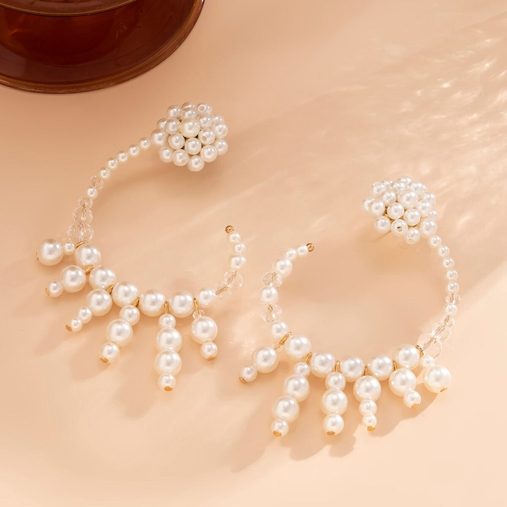 IngeSight.Z Vintage Exaggerate Imitation Pearl Big C-shaped Clip Earrings For Women Transparent Crystal Ear Cuff Hanging Earring