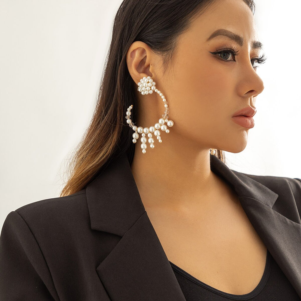 IngeSight.Z Vintage Exaggerate Imitation Pearl Big C-shaped Clip Earrings For Women Transparent Crystal Ear Cuff Hanging Earring