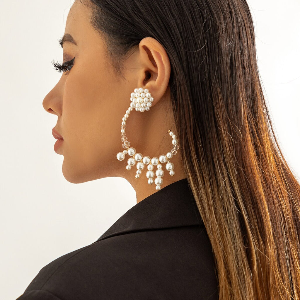 IngeSight.Z Vintage Exaggerate Imitation Pearl Big C-shaped Clip Earrings For Women Transparent Crystal Ear Cuff Hanging Earring