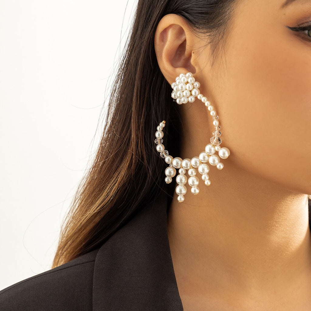 IngeSight.Z Vintage Exaggerate Imitation Pearl Big C-shaped Clip Earrings For Women Transparent Crystal Ear Cuff Hanging Earring
