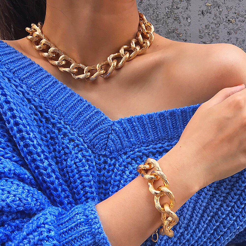 IngeSight.Z Vintage Miami Cuban Thick Choker Necklace Punk Charm Chunky Heavy Metal Necklace Bracelet Set for Men Women Jewelry