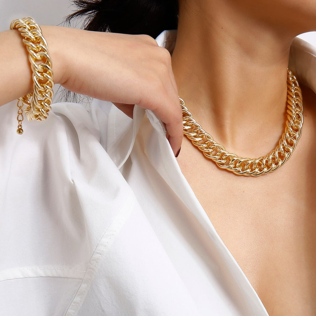 IngeSight.Z Vintage Miami Cuban Thick Choker Necklace Punk Charm Chunky Heavy Metal Necklace Bracelet Set for Men Women Jewelry