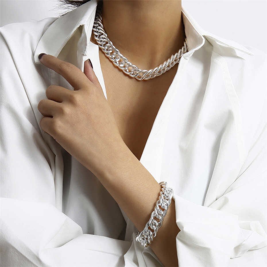 IngeSight.Z Vintage Miami Cuban Thick Choker Necklace Punk Charm Chunky Heavy Metal Necklace Bracelet Set for Men Women Jewelry