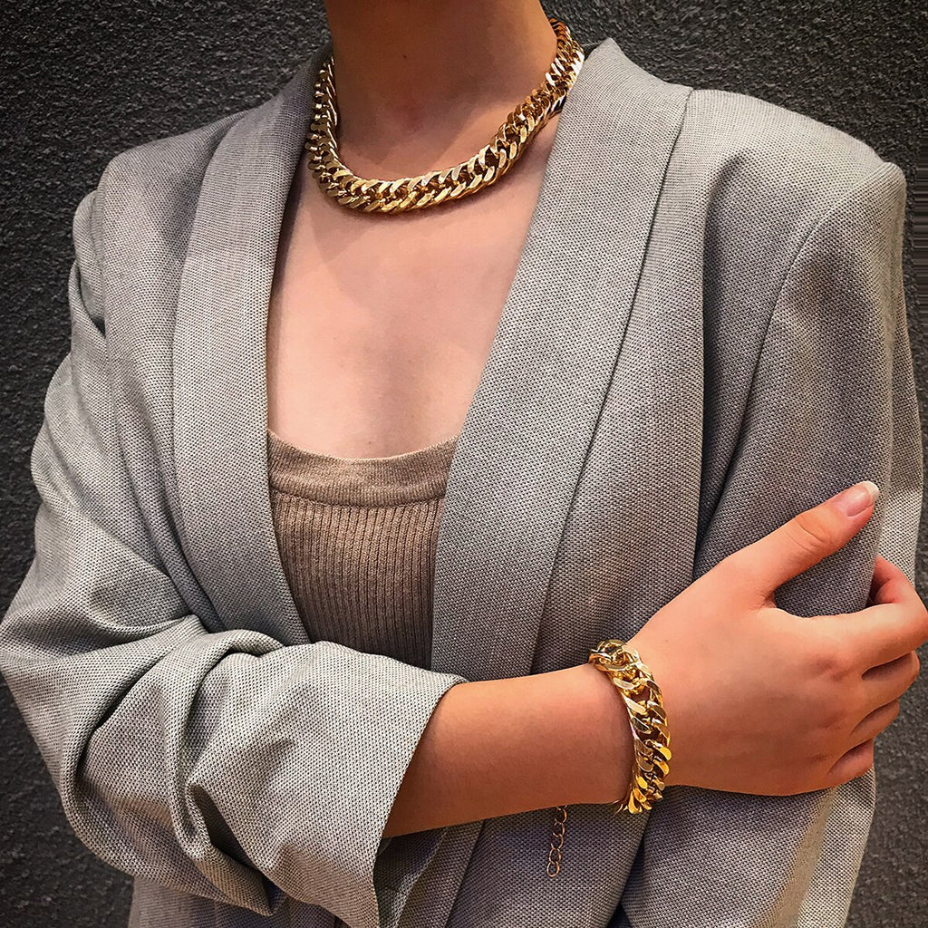 IngeSight.Z Vintage Miami Cuban Thick Choker Necklace Punk Charm Chunky Heavy Metal Necklace Bracelet Set for Men Women Jewelry