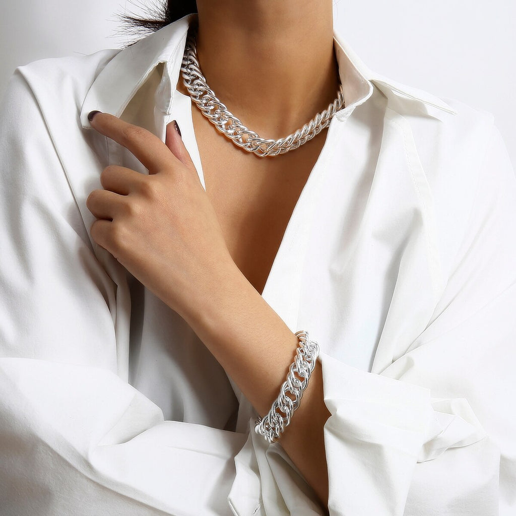 IngeSight.Z Vintage Miami Cuban Thick Choker Necklace Punk Charm Chunky Heavy Metal Necklace Bracelet Set for Men Women Jewelry