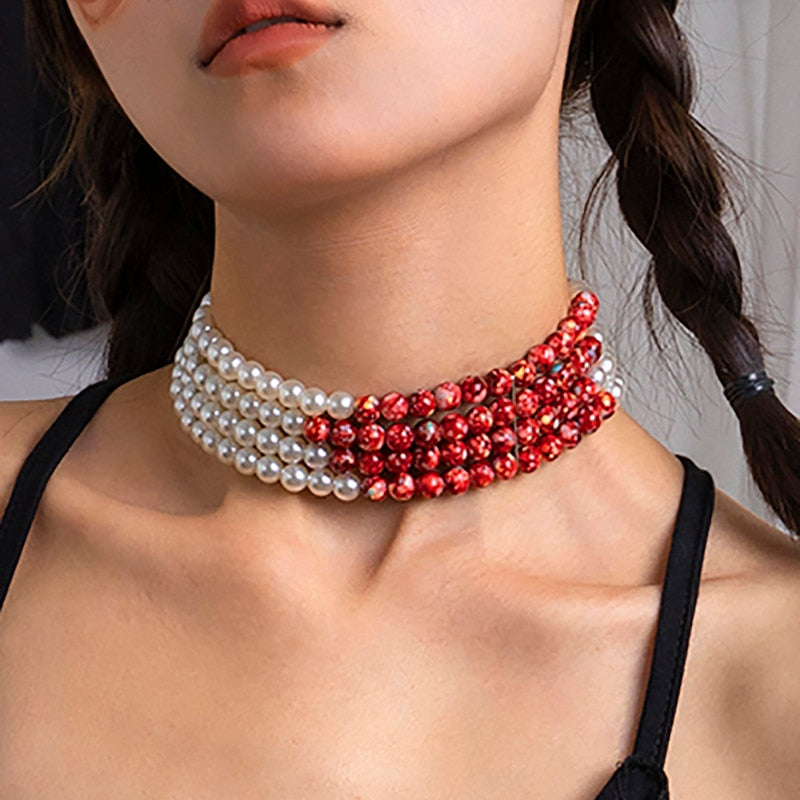 IngeSight.Z Vintage Multilayer Acrylic Round Red Beaded Choker Necklaces for Women Elegant  Imitation Pearls Collar Wedding Gift