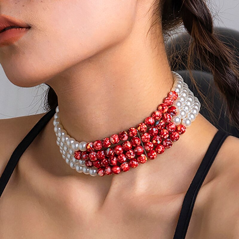IngeSight.Z Vintage Multilayer Acrylic Round Red Beaded Choker Necklaces for Women Elegant  Imitation Pearls Collar Wedding Gift