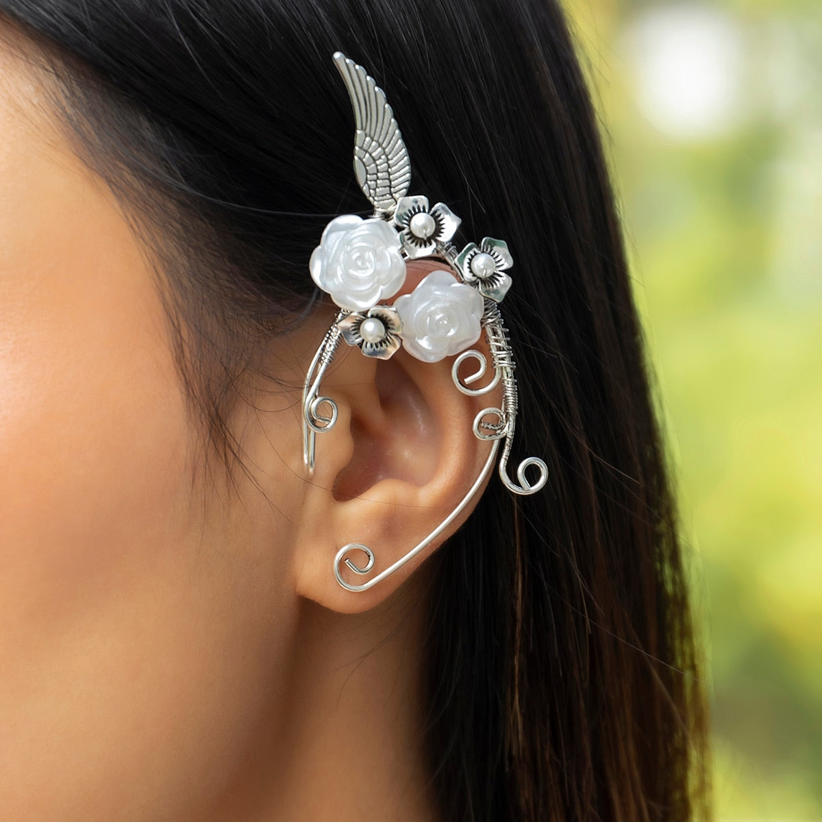 IngeSight.Z  Vintage Pearl Flower Wing Elf Ear Clip for Women Silver Color Cosplay Fairy No Piercing Hanging Clip On Earrings