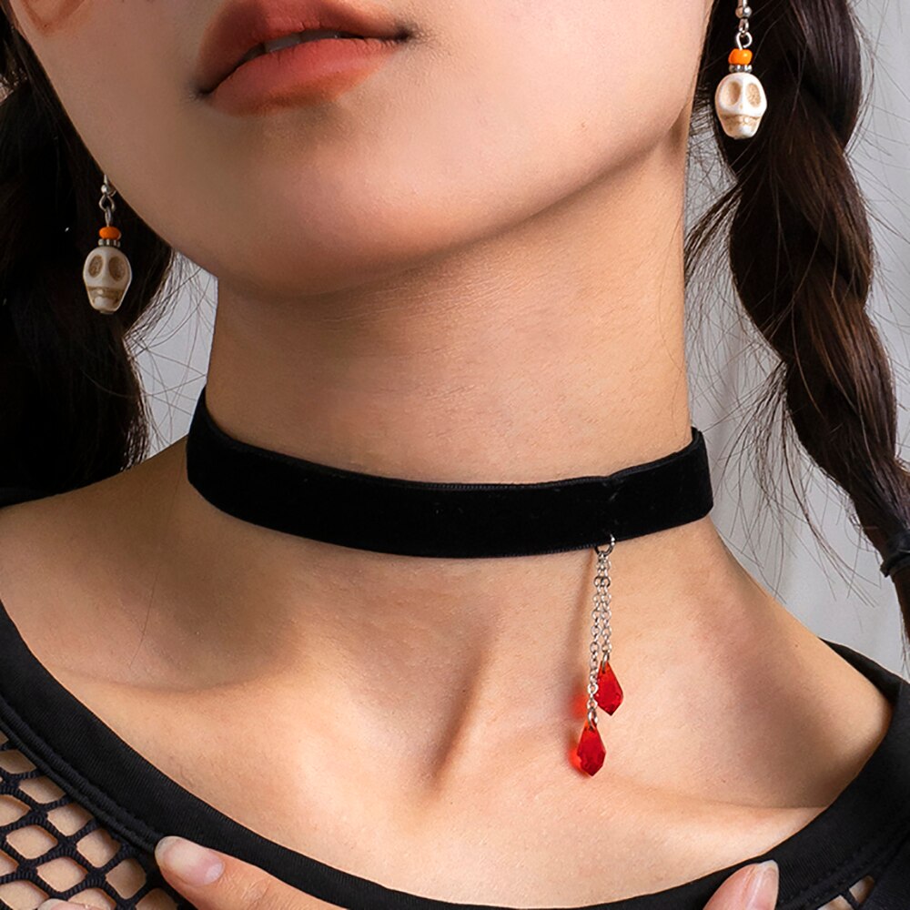 IngeSight.Z Vintage Red Water Drop Crystal Velvet Choker Necklaces for Women Gothic Black Clavicle CollarHalloween Jewelry Gift
