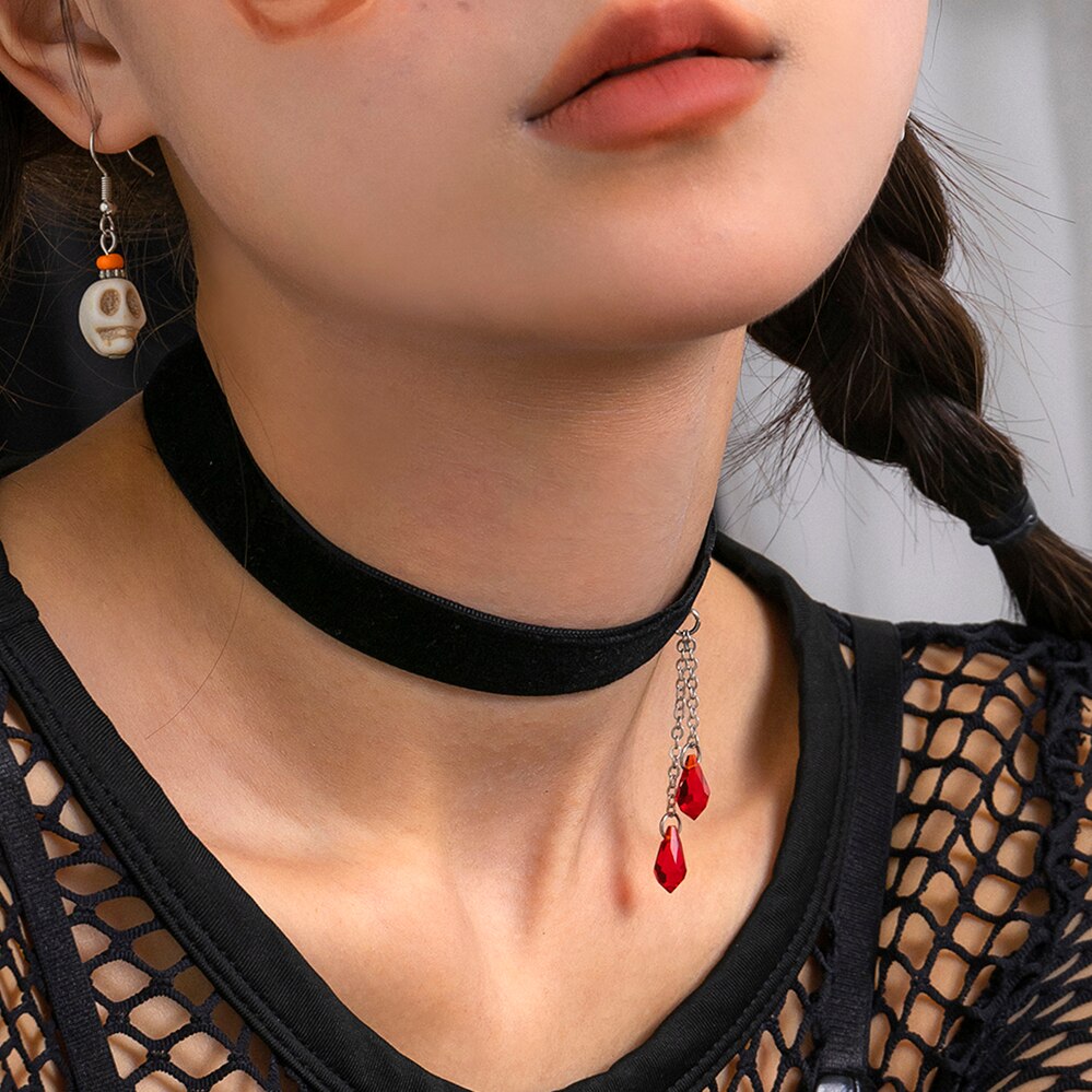 IngeSight.Z Vintage Red Water Drop Crystal Velvet Choker Necklaces for Women Gothic Black Clavicle CollarHalloween Jewelry Gift