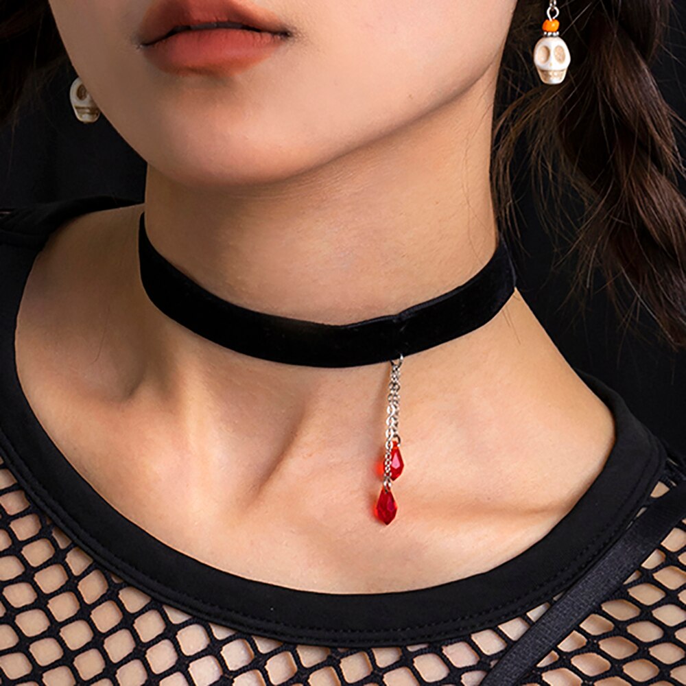 IngeSight.Z Vintage Red Water Drop Crystal Velvet Choker Necklaces for Women Gothic Black Clavicle CollarHalloween Jewelry Gift