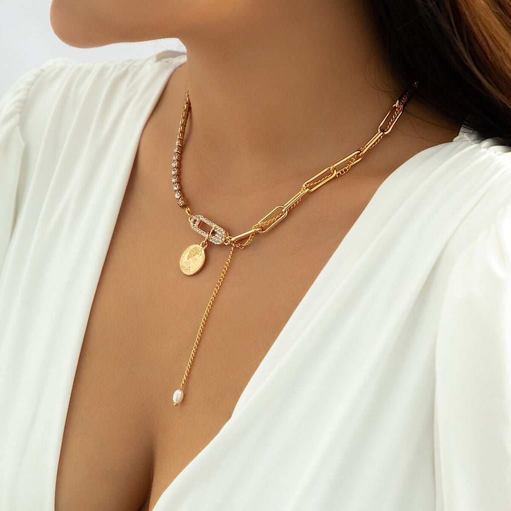 IngeSight.Z Vintage Rhinestone Square Switching Buckle Choker Necklace for Women Punk Pearl Coin Portrait Pendant Necklace 2022