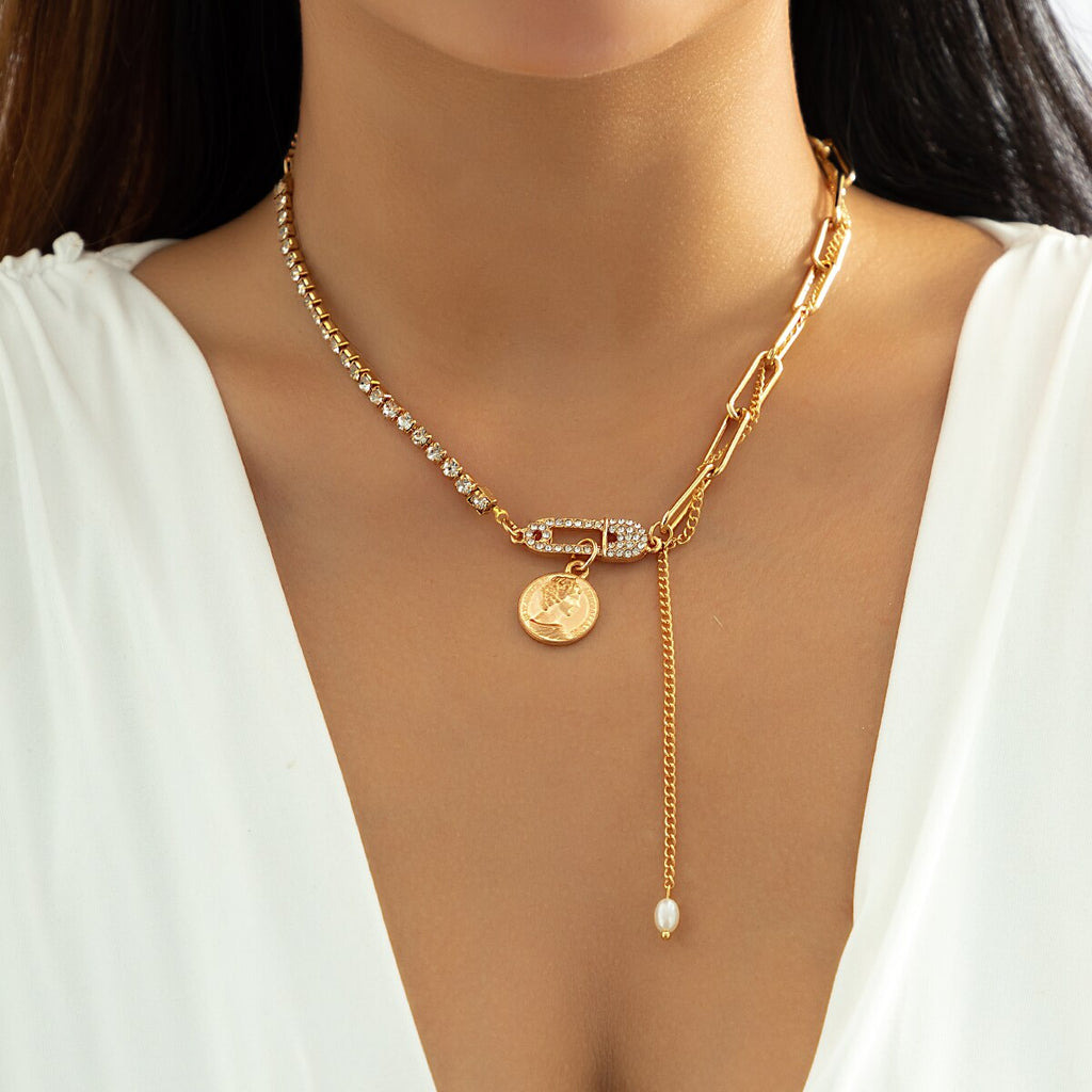 IngeSight.Z Vintage Rhinestone Square Switching Buckle Choker Necklace for Women Punk Pearl Coin Portrait Pendant Necklace 2022