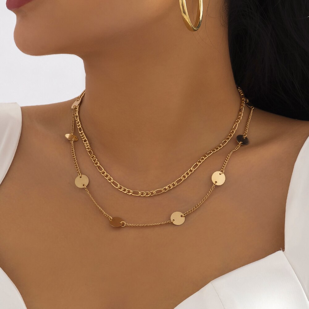 IngeSight.Z Vintage Round Sequins Choker Necklace for Women Punk Double Layer Cuban Metal On Neck Chain Jewelry Halloween Gift