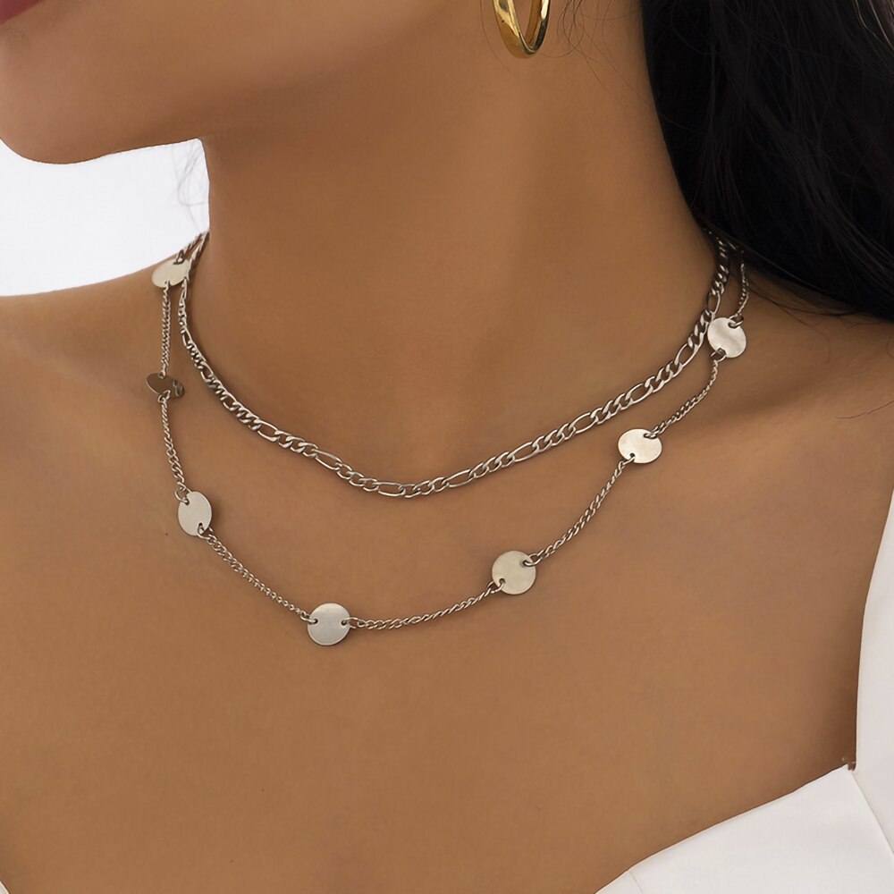 IngeSight.Z Vintage Round Sequins Choker Necklace for Women Punk Double Layer Cuban Metal On Neck Chain Jewelry Halloween Gift