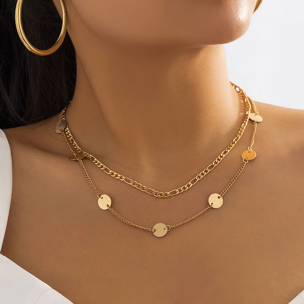 IngeSight.Z Vintage Round Sequins Choker Necklace for Women Punk Double Layer Cuban Metal On Neck Chain Jewelry Halloween Gift