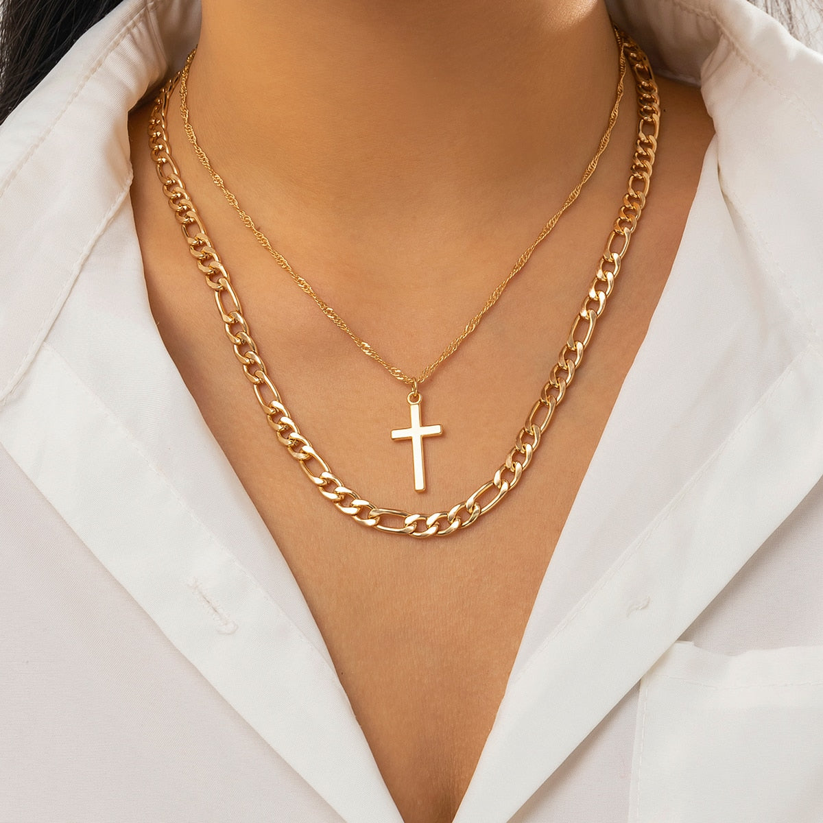 IngeSight.Z Vintage Twisted Metal Chain Cross Pendant Necklace for Women Punk Gold Color Cuban Link Chain Necklace Set