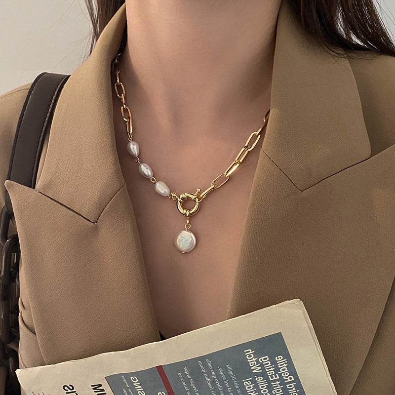 IngeSight.Z Women Irregular Imitation Pearl Baroque Pendant Necklaces Asymmetrical Gold Color Choker Necklaces Jewelry Collier