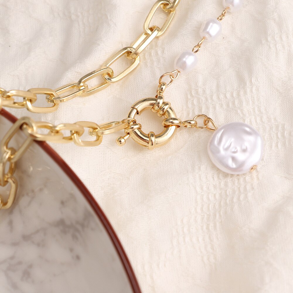 IngeSight.Z Women Irregular Imitation Pearl Baroque Pendant Necklaces Asymmetrical Gold Color Choker Necklaces Jewelry Collier