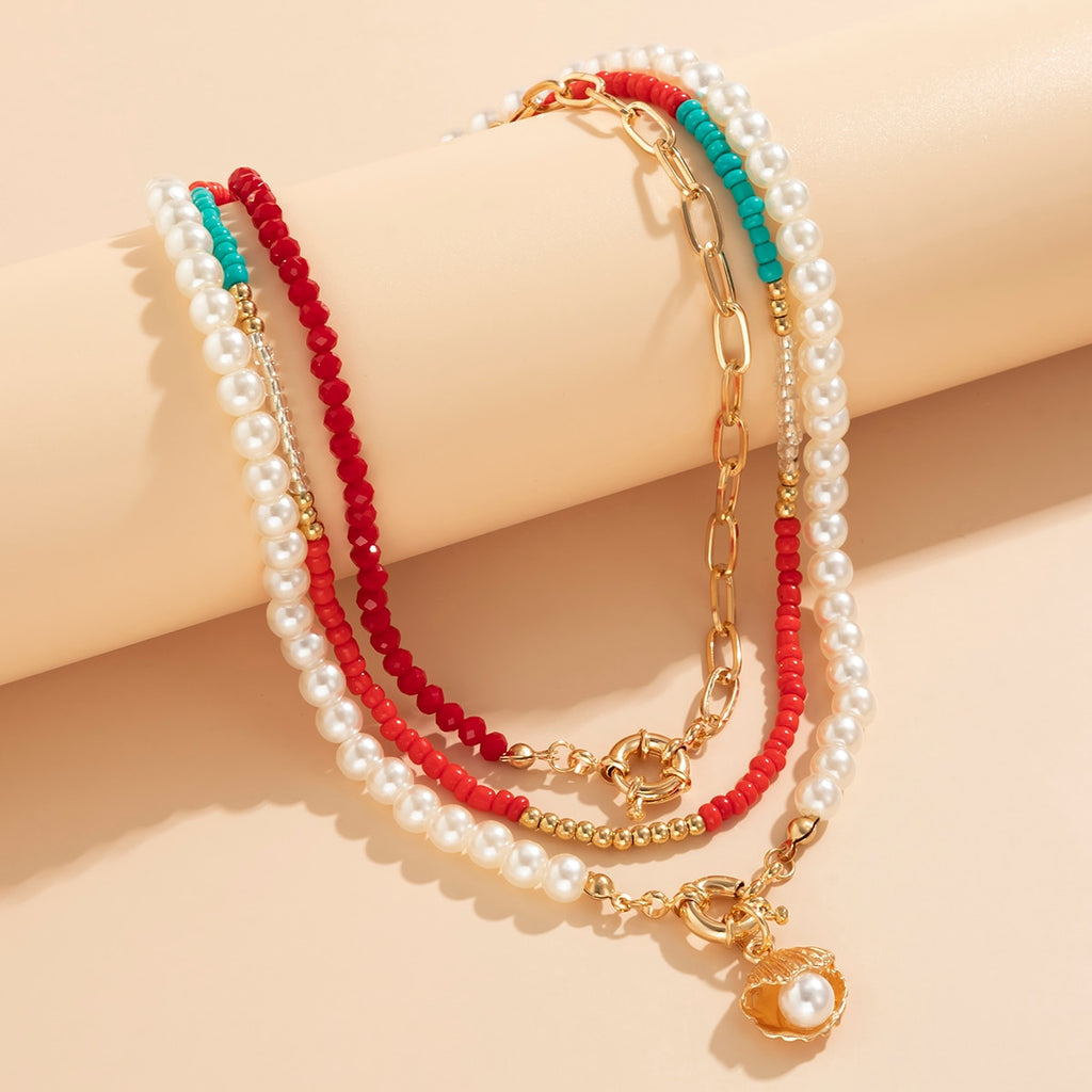 IngeSight.Z Women Red Color Crystal Beads Chain Choker Necklaces Multi Layered Imitation Pearl Shell Pendant Necklaces Jewelry