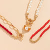 IngeSight.Z Women Red Color Crystal Beads Chain Choker Necklaces Multi Layered Imitation Pearl Shell Pendant Necklaces Jewelry