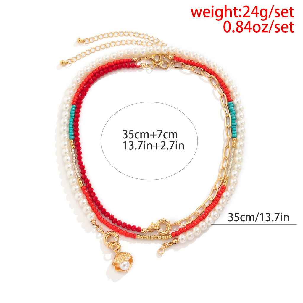 IngeSight.Z Women Red Color Crystal Beads Chain Choker Necklaces Multi Layered Imitation Pearl Shell Pendant Necklaces Jewelry