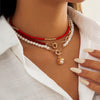 IngeSight.Z Women Red Color Crystal Beads Chain Choker Necklaces Multi Layered Imitation Pearl Shell Pendant Necklaces Jewelry