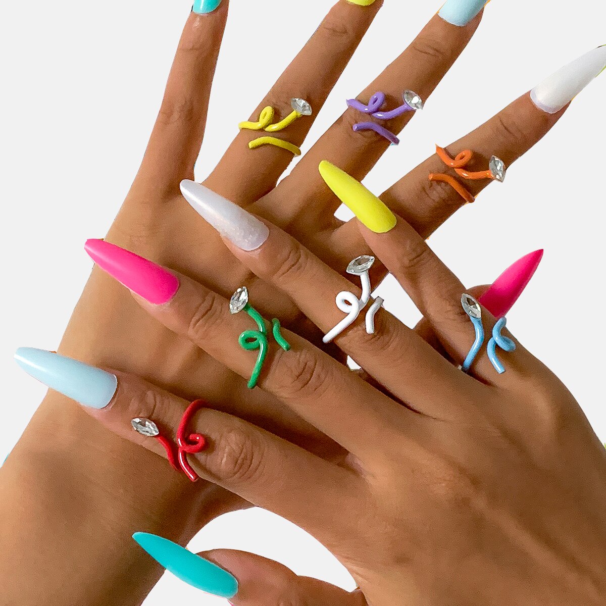 IngeSight.Z Y2K Candy Color Rhinestones Crystal Open Rings for Women Kpop Geometric Twisted Metal Knuckle Finger Rings Jewelry