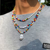 IngeSight.Z Y2K Jewelry Men Acrylic Letter Colorful Rainbow Seed Beaded Choker Necklaces Multi Layered Imitation Pearl Necklaces