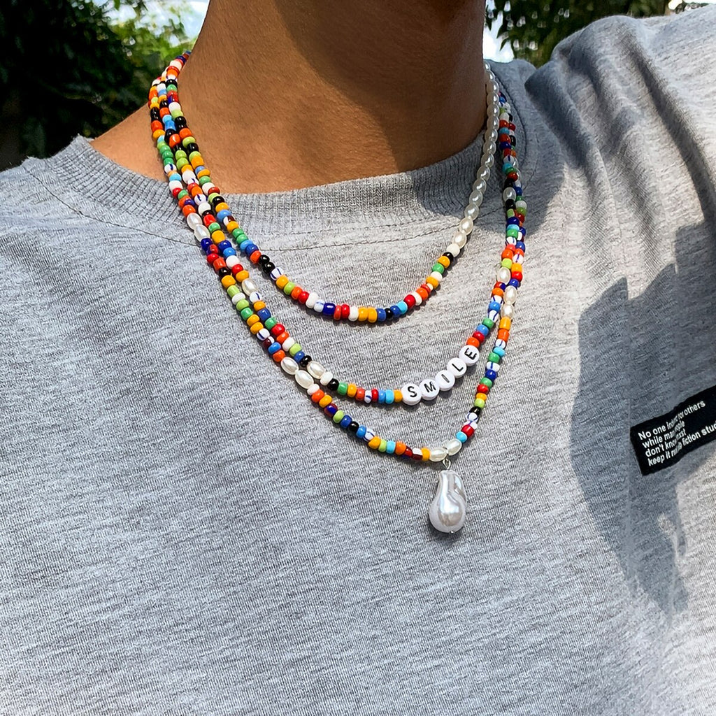 IngeSight.Z Y2K Jewelry Men Acrylic Letter Colorful Rainbow Seed Beaded Choker Necklaces Multi Layered Imitation Pearl Necklaces