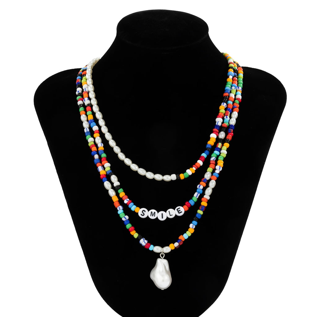 IngeSight.Z Y2K Jewelry Men Acrylic Letter Colorful Rainbow Seed Beaded Choker Necklaces Multi Layered Imitation Pearl Necklaces