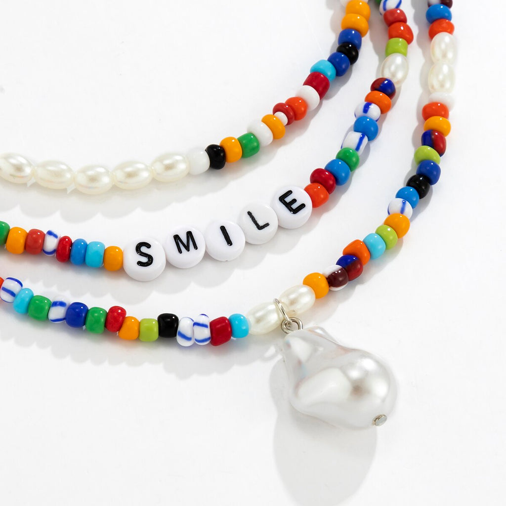 IngeSight.Z Y2K Jewelry Men Acrylic Letter Colorful Rainbow Seed Beaded Choker Necklaces Multi Layered Imitation Pearl Necklaces