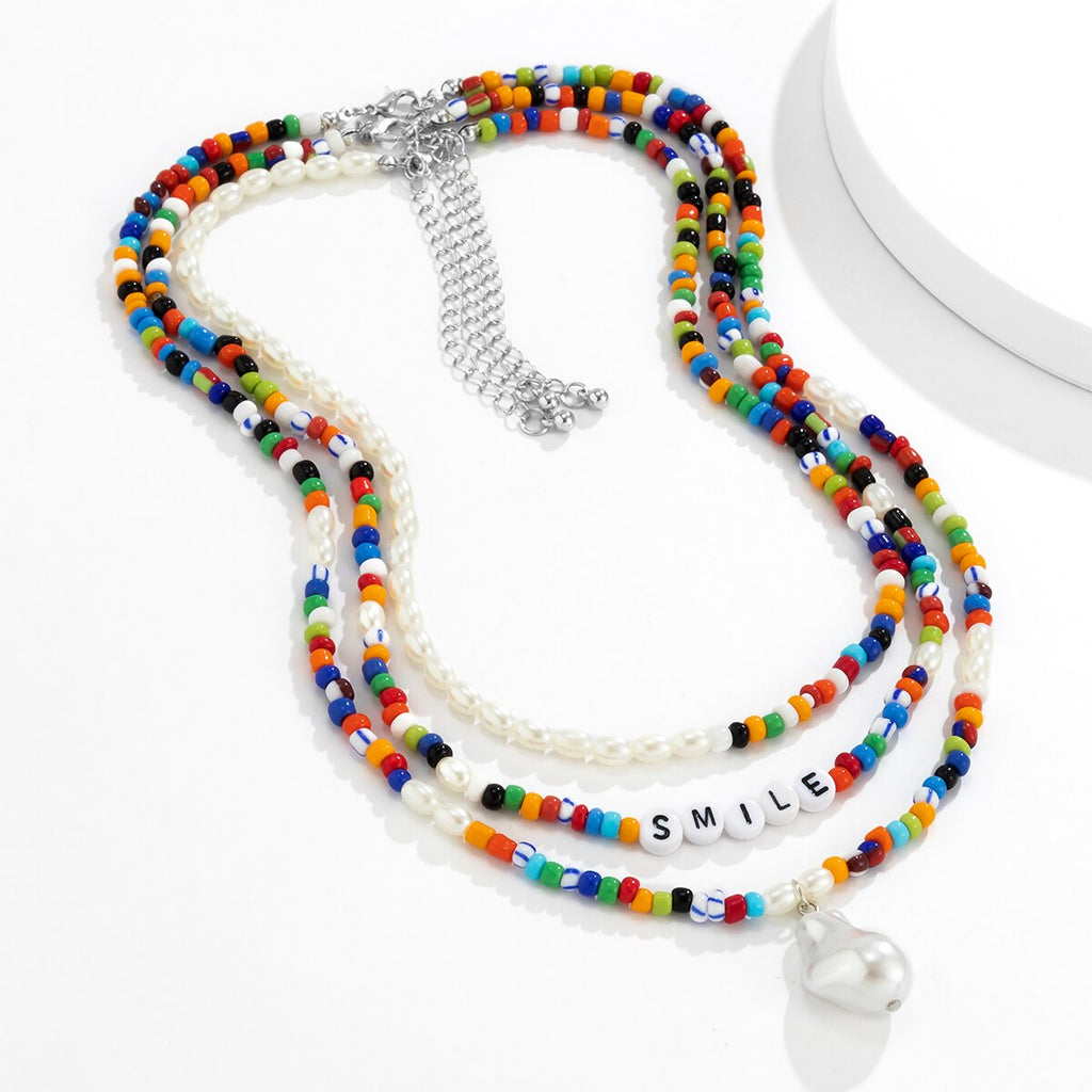 IngeSight.Z Y2K Jewelry Men Acrylic Letter Colorful Rainbow Seed Beaded Choker Necklaces Multi Layered Imitation Pearl Necklaces
