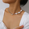 Ingemark Multilayer White Imitation Pearl Choker with Metal Slice Fixation Wide Bib Necklace Jewelry for Charm Women