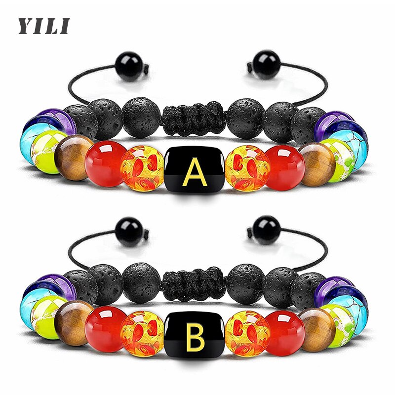 Initial Chakra Bracelet Crystals Healing Stones Beaded Bracelets 26 Letter Beads Lava Rock Bracelet Yoga Jewelry for Women