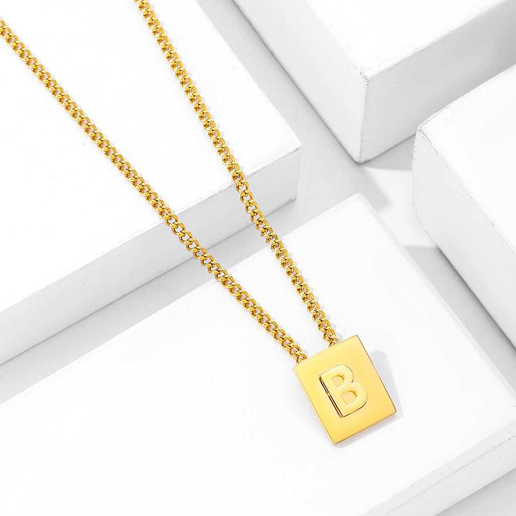 Initials Pendant Letter Name Necklace For Women Men Gold Silver Color Square Alphabet Charm Box Link Chain Couple Pendants