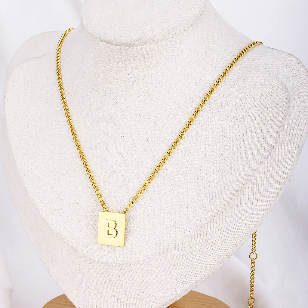 Initials Pendant Letter Name Necklace For Women Men Gold Silver Color Square Alphabet Charm Box Link Chain Couple Pendants