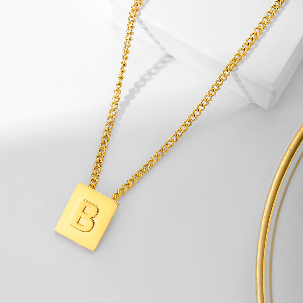 Initials Pendant Letter Name Necklace For Women Men Gold Silver Color Square Alphabet Charm Box Link Chain Couple Pendants
