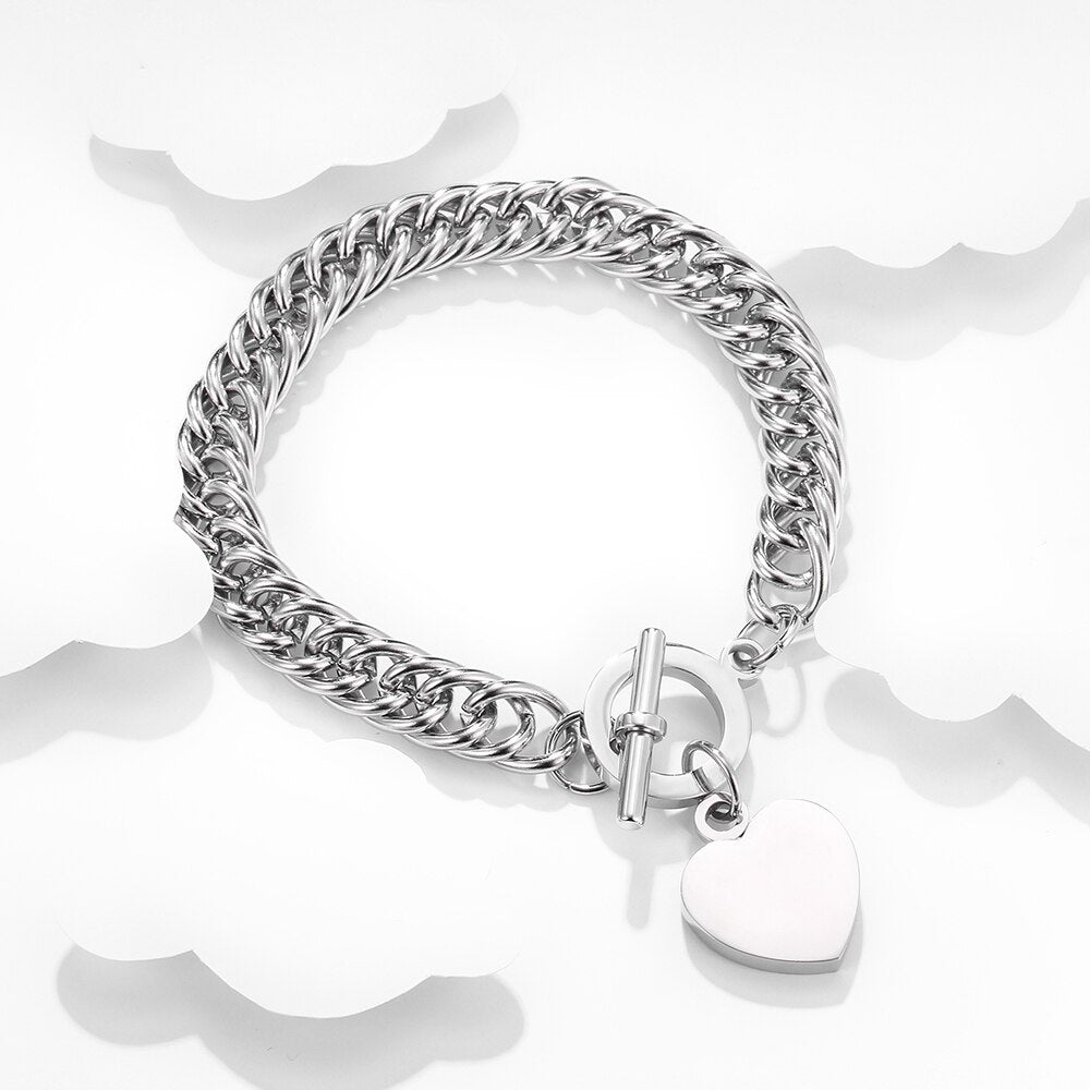 Ins Heart Link & Chain Charm Bracelets Silvery Stainless Steel Couple bracelets For Women Gift Jewelry 2022