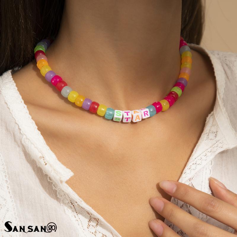 Ins Korean Version Bohemia Geometric Letters Necklace Acrylic Multi-Element Beaded Necklace for Women Party Decoration Jewelry