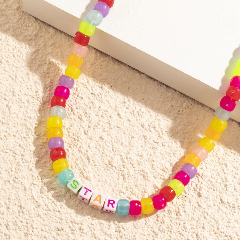 Ins Korean Version Bohemia Geometric Letters Necklace Acrylic Multi-Element Beaded Necklace for Women Party Decoration Jewelry